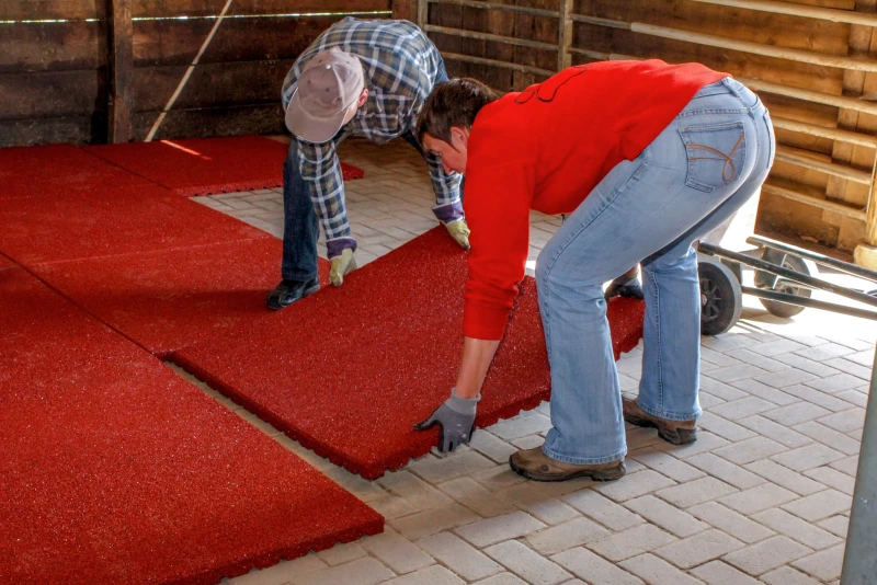 WARCO's large-format stable mats weigh almost 40 kg. It therefore makes sense to lay them in pairs. Laying them on an existing stable floor made of concrete paving is very easy.