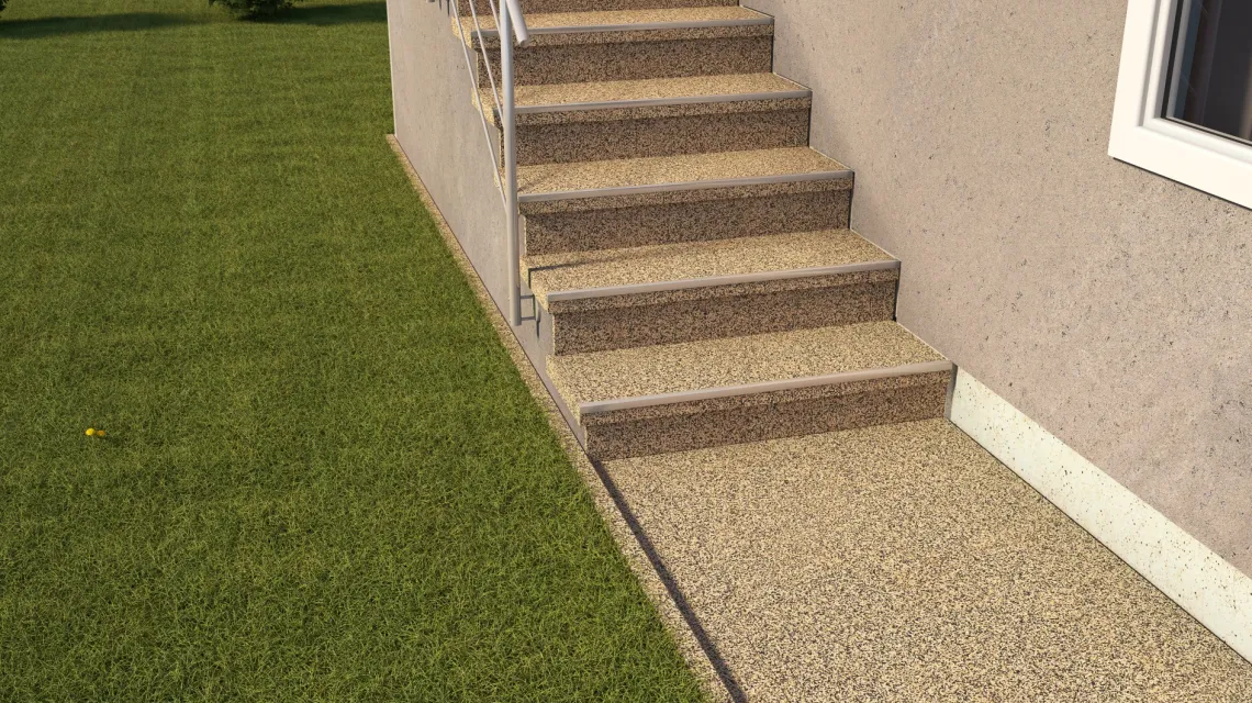 Beispielhafte Verlegung für den Artikel 0104 von WARCO - Gumová krytina na schody, Farbton Travertin in der Abmessung 500 x 500 x 18 mm.