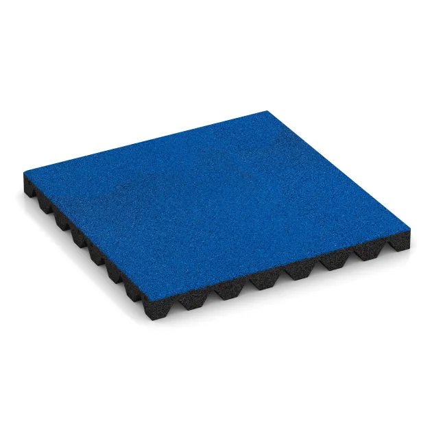 Bezpečnostní dlaždice na dětské hřiště 4,5 cm - EN 1177 ≤ 135 cm von WARCO im Farbdesign Genciánová modř mit den Abmessungen 500 x 500 x 45 mm. Produktfoto von Artikel 5530 in der Aufsicht von schräg vorne.