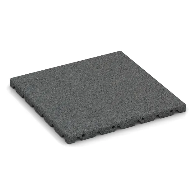 Gumová dopadová dlaždice na dětské hřiště von WARCO im Farbdesign Šedá břidlice mit den Abmessungen 400 x 400 x 30 mm. Produktfoto von Artikel 0523 in der Aufsicht von schräg vorne.
