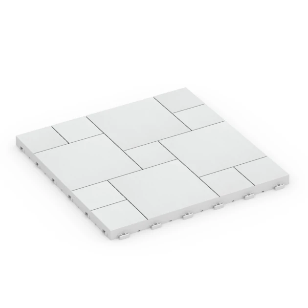Blokový vzor – Terasové dlaždice von WARCO im Farbdesign Křída mit den Abmessungen 38,5 x 38,5 x 2 cm. Produktfoto von Artikel 6333 in der Aufsicht von schräg vorne.