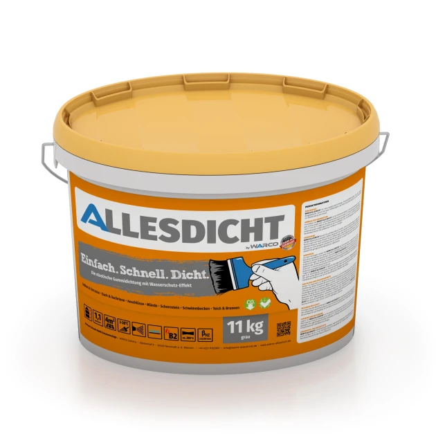ALLESDICHT – Hydroizolace von WARCO im Farbdesign Šedá mit den Abmessungen 11 kg | 3,3 m². Produktfoto von Artikel 0030 in der Aufsicht von schräg vorne.