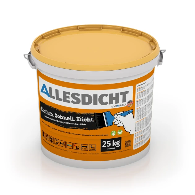 ALLESDICHT – Hydroizolace von WARCO im Farbdesign Černá mit den Abmessungen 25 kg. Produktfoto von Artikel 0024 in der Aufsicht von schräg vorne.