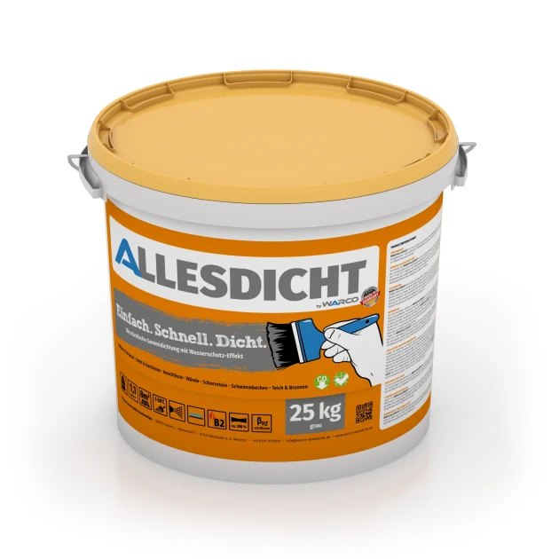 ALLESDICHT – Hydroizolace von WARCO im Farbdesign Šedá mit den Abmessungen 25 kg | 7,6 m². Produktfoto von Artikel 0026 in der Aufsicht von schräg vorne.