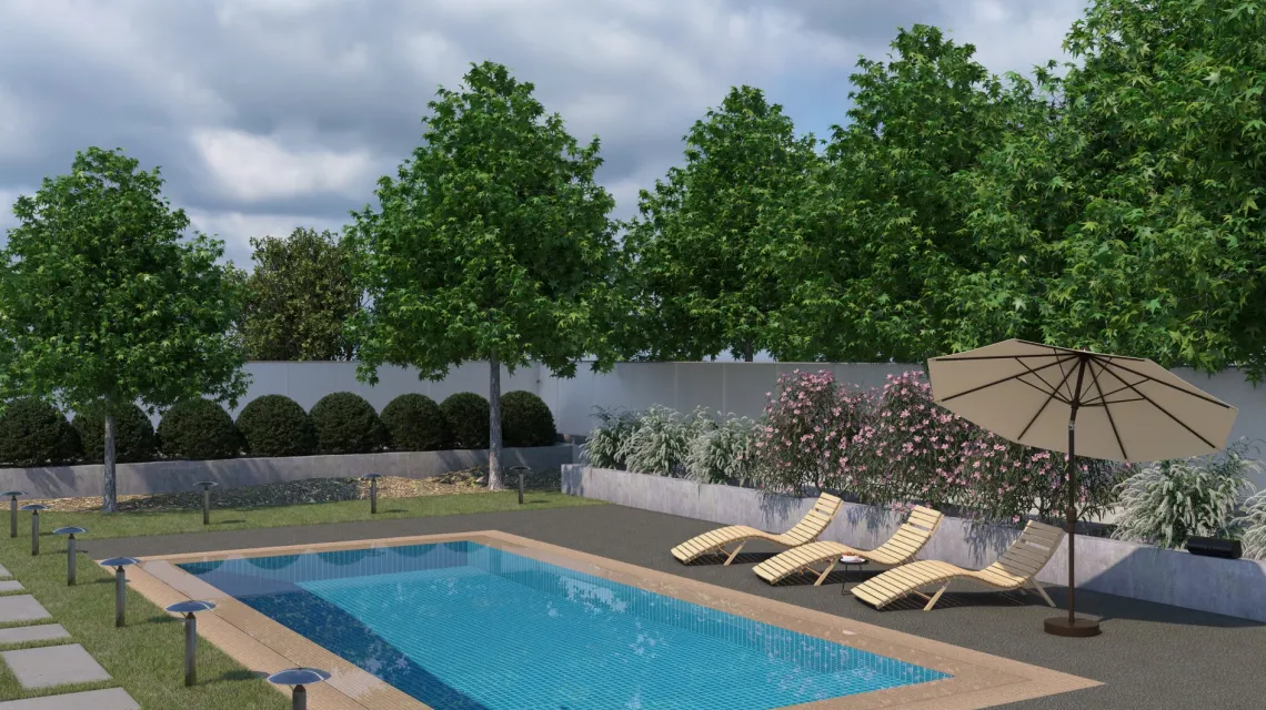 Beispielhafte Verlegung für den Artikel 2725 von WARCO - Dlaždice k bazénu, Farbton Tmavě šedý granit in der Abmessung 500 x 500 x 30 mm.