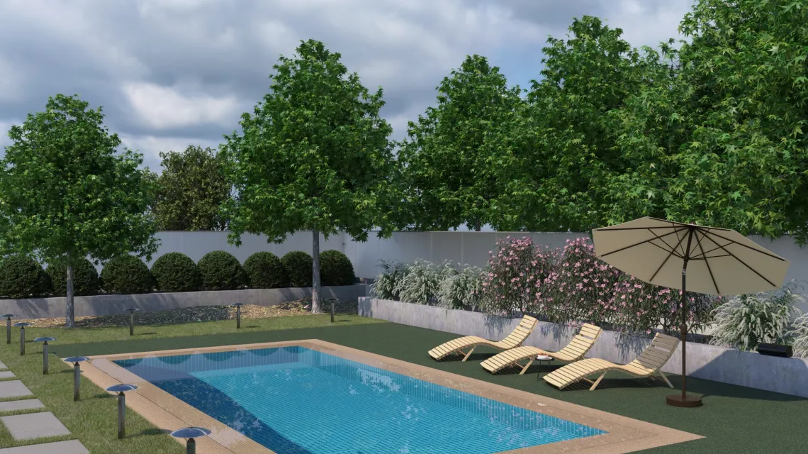 Beispielhafte Verlegung für den Artikel 2728 von WARCO - Dlaždice k bazénu, Farbton Anglický trávník in der Abmessung 500 x 500 x 30 mm.