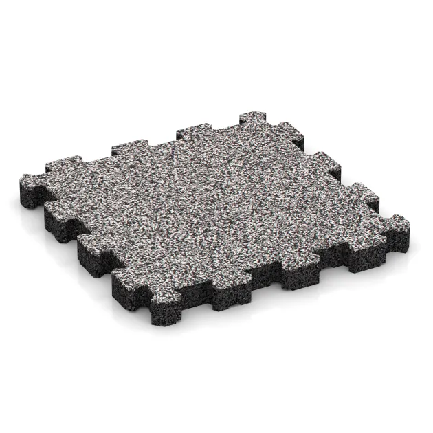 Gumová dlaždice klik von WARCO im Farbdesign Šedý melange mit den Abmessungen 306 x 306 x 30 mm. Produktfoto von Artikel 4456 in der Aufsicht von schräg vorne.
