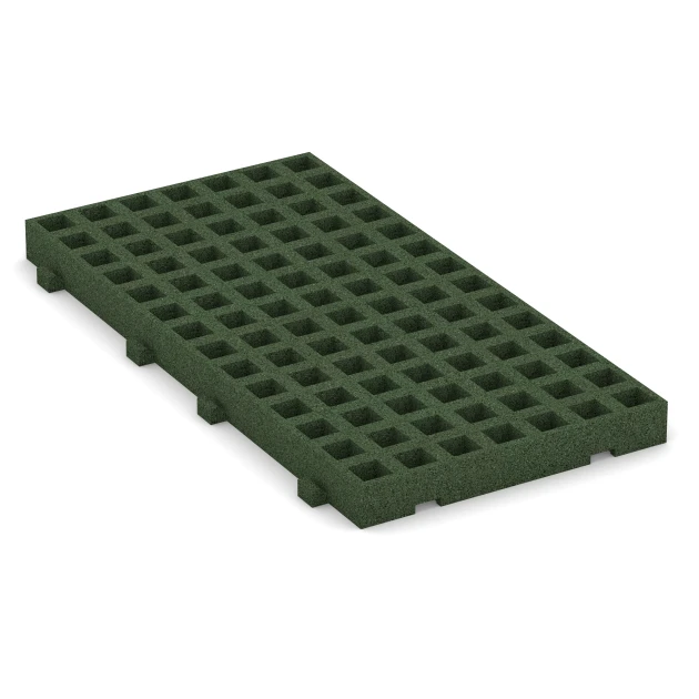 Gumová zatravňovací dlažba na dětské hřiště von WARCO im Farbdesign Travní zelená mit den Abmessungen 100 × 50 × 6,5 cm. Produktfoto von Artikel 6118 in der Aufsicht von schräg vorne.