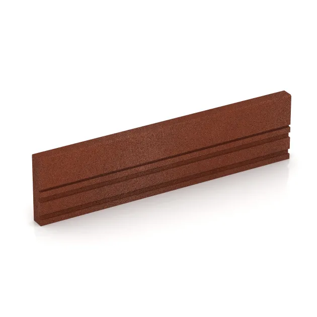 Rubber kerbstone (Deep kerbstone) von WARCO im Farbdesign Cihlově červená mit den Abmessungen 1000 x 250 x 50 mm. Produktfoto von Artikel 3785 in der Aufsicht von schräg vorne.