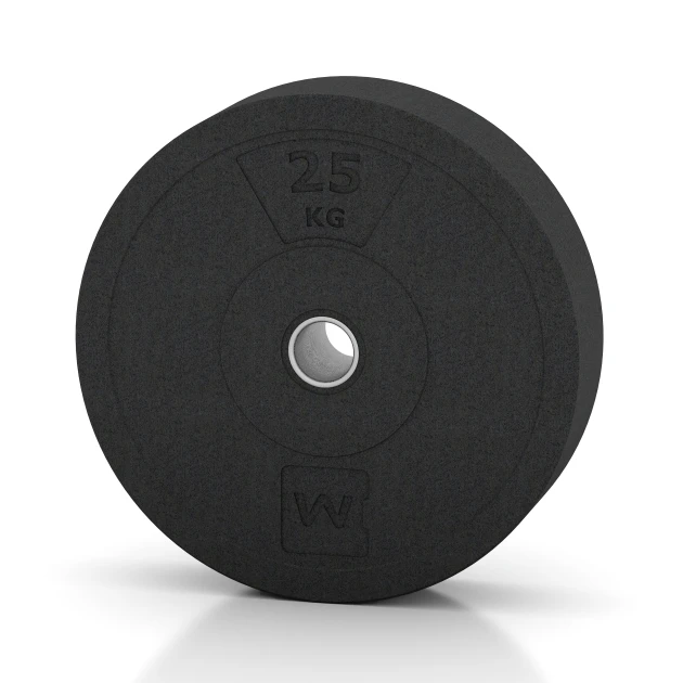 Bumper Plate Slim von WARCO im Farbdesign Antracit mit den Abmessungen 25 kg | ø 45,4 x 11,38 cm. Produktfoto von Artikel 6090 in der Aufsicht von schräg vorne.