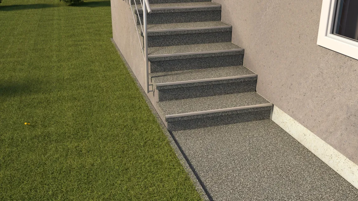 Beispielhafte Verlegung für den Artikel 5423 von WARCO - Schodová dlaždice, Farbton Šedý granit in der Abmessung 306 x 306 x 20 mm.