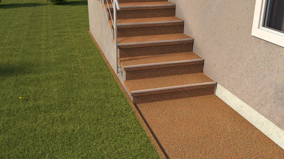 Beispielhafte Verlegung für den Artikel 5425 von WARCO - Schodová dlaždice, Farbton Terra Cotta in der Abmessung 306 x 306 x 20 mm.