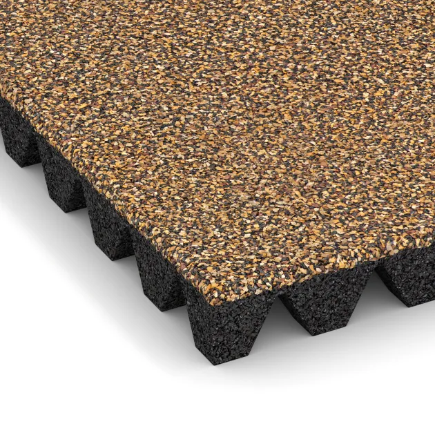 Detailaufnahme der Randausprägung von WARCO-Produkt 5586, Bezpečnostní dlaždice na dětské hřiště 5 cm - EN 1177 ≤ 145 cm, Format 500 x 500 x 50 mm, Farbe Maroko.