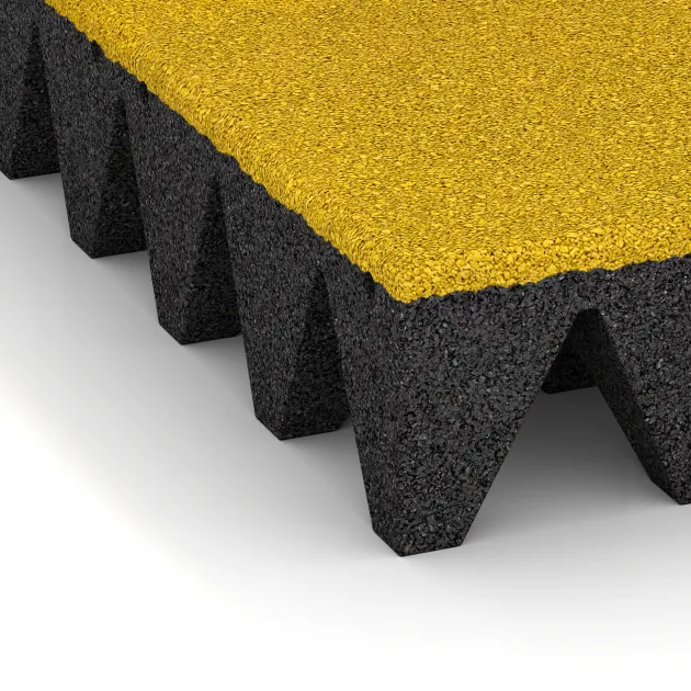 Detailaufnahme der Randausprägung von WARCO-Produkt 0740, Gumová dopadová dlaždice na dětské hřiště, Format 500 x 500 x 100 mm, Farbe Citronová žlutá.