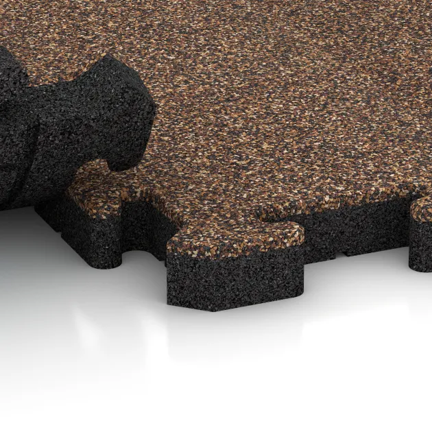 Großaufnahme vom Verbindungssystem von WARCO-Boden 5918 - Vnitřní podlahová dlaždice puzzle im Farbdesign Kůra a Basto. Abmessungen 1000 x 1000 x 40 mm.