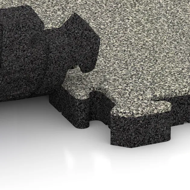 Großaufnahme vom Verbindungssystem von WARCO-Boden 4161 - Sportovní povrch z gumy HD im Farbdesign Světlý granit. Abmessungen 500 x 500 x 50 mm.