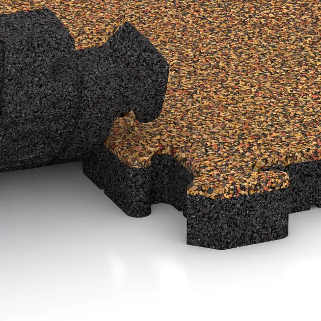 Großaufnahme vom Verbindungssystem von WARCO-Boden 3116 - Fitness Ochranná Podložka HD im Farbdesign Terra Cotta. Abmessungen 500 x 500 x 50 mm.