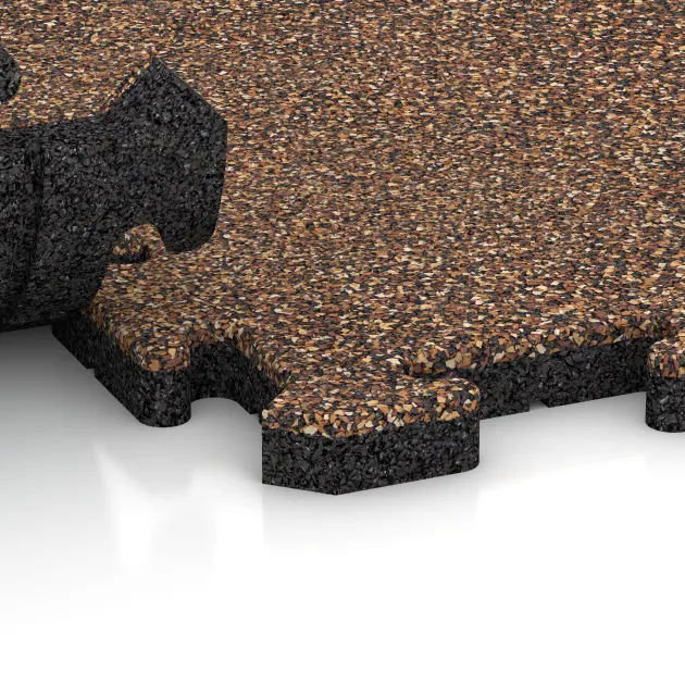 Großaufnahme vom Verbindungssystem von WARCO-Boden 4876 - Rohová dlaždice im Farbdesign Kůra a Basto. Abmessungen 235 x 235 x 30 mm.