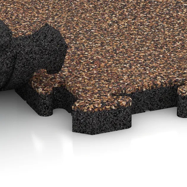 Großaufnahme vom Verbindungssystem von WARCO-Boden 4987 - Rohová dlaždice HD im Farbdesign Kůra a Basto. Abmessungen 235 x 235 x 40 mm.