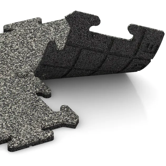 Großaufnahme vom Verbindungssystem von WARCO-Boden 4690 - Okrajová dlaždice im Farbdesign Šedý granit. Abmessungen 500 x 235 x 18 mm.