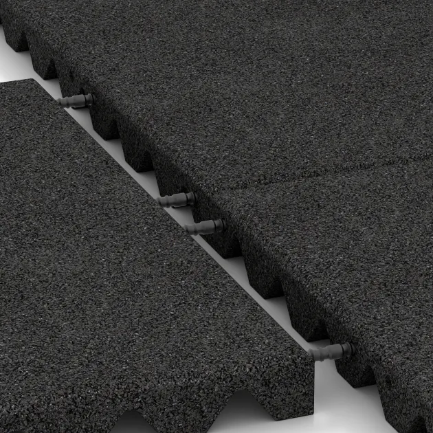 Großaufnahme vom Verbindungssystem von WARCO-Boden 5507 - Bezpečnostní dlaždice na dětské hřiště 4 cm - EN 1177 ≤ 125 cm im Farbdesign Antracit. Abmessungen 500 x 500 x 40 mm.