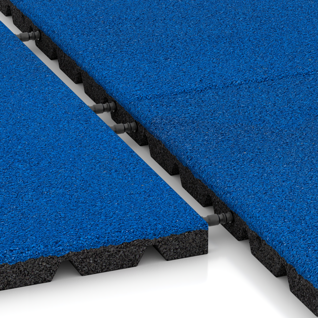 Großaufnahme vom Verbindungssystem von WARCO-Boden 5464 - Bezpečnostní dlaždice na dětské hřiště 3 cm - EN 1177 ≤ 100 cm im Farbdesign Genciánová modř. Abmessungen 500 x 500 x 30 mm.