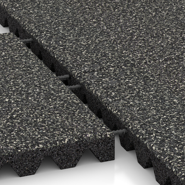 Großaufnahme vom Verbindungssystem von WARCO-Boden 5574 - Bezpečnostní dlaždice na dětské hřiště 5 cm - EN 1177 ≤ 145 cm im Farbdesign Tmavě šedý granit. Abmessungen 500 x 500 x 50 mm.