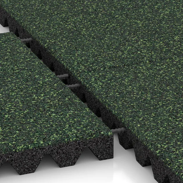 Großaufnahme vom Verbindungssystem von WARCO-Boden 5577 - Bezpečnostní dlaždice na dětské hřiště 5 cm - EN 1177 ≤ 145 cm im Farbdesign Anglický trávník. Abmessungen 500 x 500 x 50 mm.