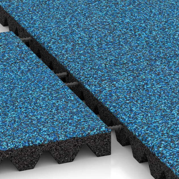 Großaufnahme vom Verbindungssystem von WARCO-Boden 5583 - Bezpečnostní dlaždice na dětské hřiště 5 cm - EN 1177 ≤ 145 cm im Farbdesign Atlantik. Abmessungen 500 x 500 x 50 mm.