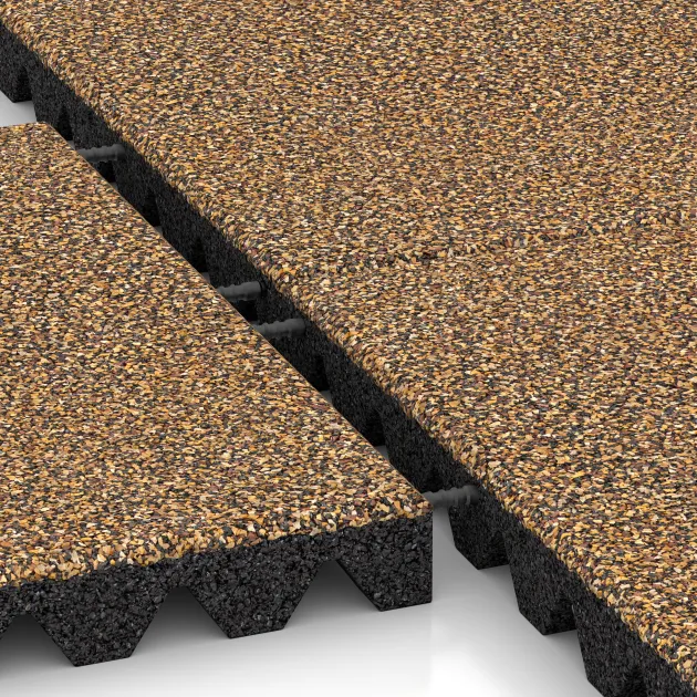Großaufnahme vom Verbindungssystem von WARCO-Boden 5586 - Bezpečnostní dlaždice na dětské hřiště 5 cm - EN 1177 ≤ 145 cm im Farbdesign Maroko. Abmessungen 500 x 500 x 50 mm.