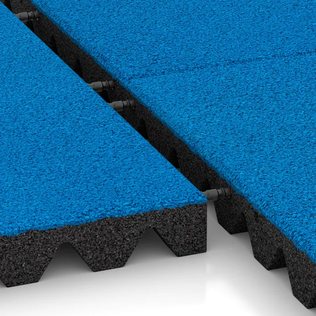 Großaufnahme vom Verbindungssystem von WARCO-Boden 5564 - Bezpečnostní dlaždice na dětské hřiště 5 cm - EN 1177 ≤ 145 cm im Farbdesign Nebe modrá. Abmessungen 500 x 500 x 50 mm.