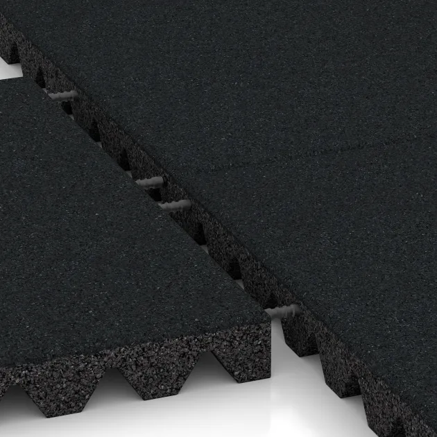 Großaufnahme vom Verbindungssystem von WARCO-Boden 5567 - Bezpečnostní dlaždice na dětské hřiště 5 cm - EN 1177 ≤ 145 cm im Farbdesign Železná šedá. Abmessungen 500 x 500 x 50 mm.