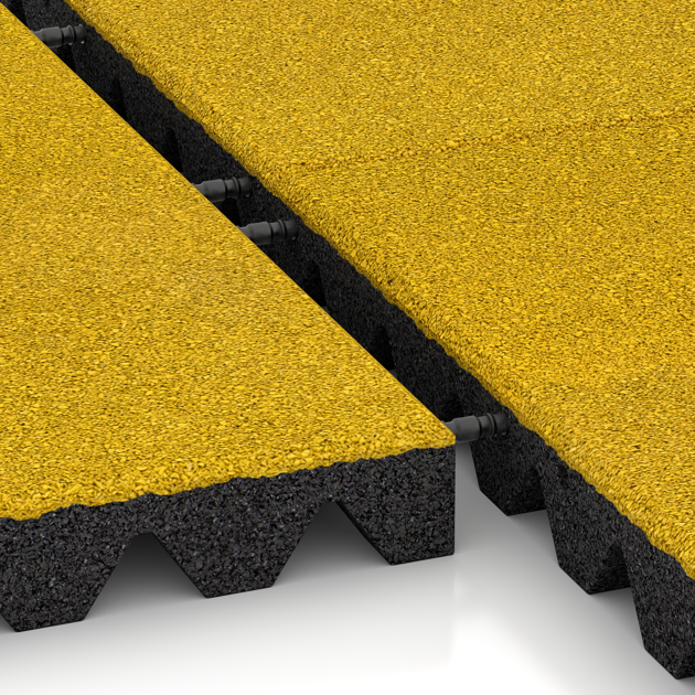 Großaufnahme vom Verbindungssystem von WARCO-Boden 5569 - Bezpečnostní dlaždice na dětské hřiště 5 cm - EN 1177 ≤ 145 cm im Farbdesign Citronová žlutá. Abmessungen 500 x 500 x 50 mm.