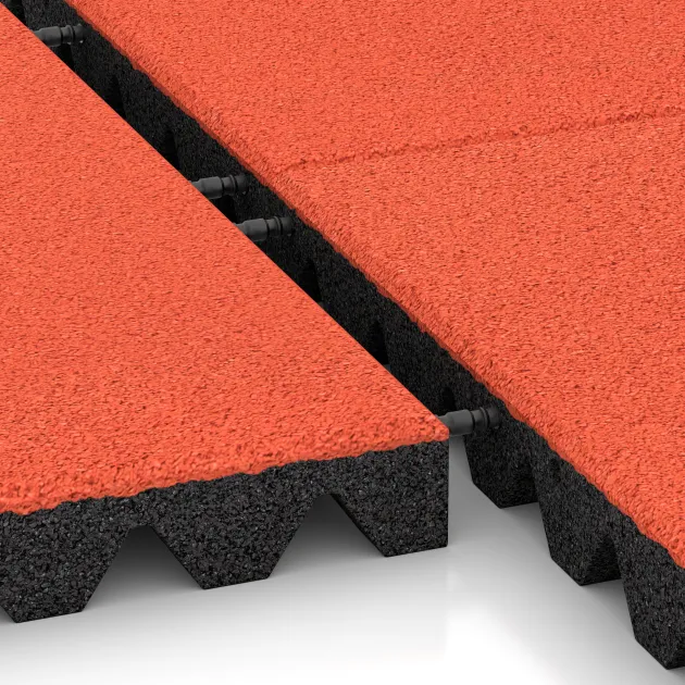 Großaufnahme vom Verbindungssystem von WARCO-Boden 5571 - Bezpečnostní dlaždice na dětské hřiště 5 cm - EN 1177 ≤ 145 cm im Farbdesign Světle červenooranžová. Abmessungen 500 x 500 x 50 mm.