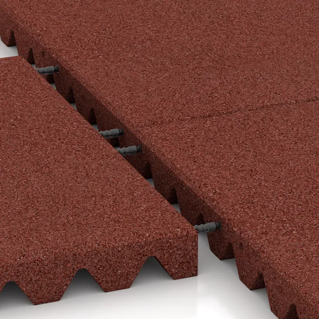 Großaufnahme vom Verbindungssystem von WARCO-Boden 5557 - Bezpečnostní dlaždice na dětské hřiště 5 cm - EN 1177 ≤ 145 cm im Farbdesign Cihlově červená. Abmessungen 500 x 500 x 50 mm.