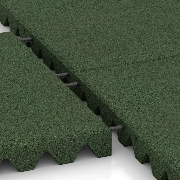 Großaufnahme vom Verbindungssystem von WARCO-Boden 5556 - Bezpečnostní dlaždice na dětské hřiště 5 cm - EN 1177 ≤ 145 cm im Farbdesign Trávově zelená. Abmessungen 500 x 500 x 50 mm.