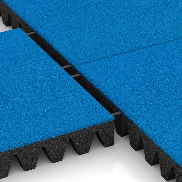 Großaufnahme vom Verbindungssystem von WARCO-Boden 5601 - Bezpečnostní dlaždice na dětské hřiště 8 cm - EN 1177 ≤ 215 cm im Farbdesign Nebe modrá. Abmessungen 500 x 500 x 80 mm.