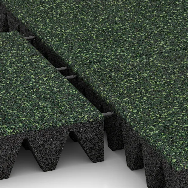 Großaufnahme vom Verbindungssystem von WARCO-Boden 3709 - Gumová dopadová dlaždice na dětské hřiště im Farbdesign Anglický trávník. Abmessungen 500 x 500 x 100 mm.