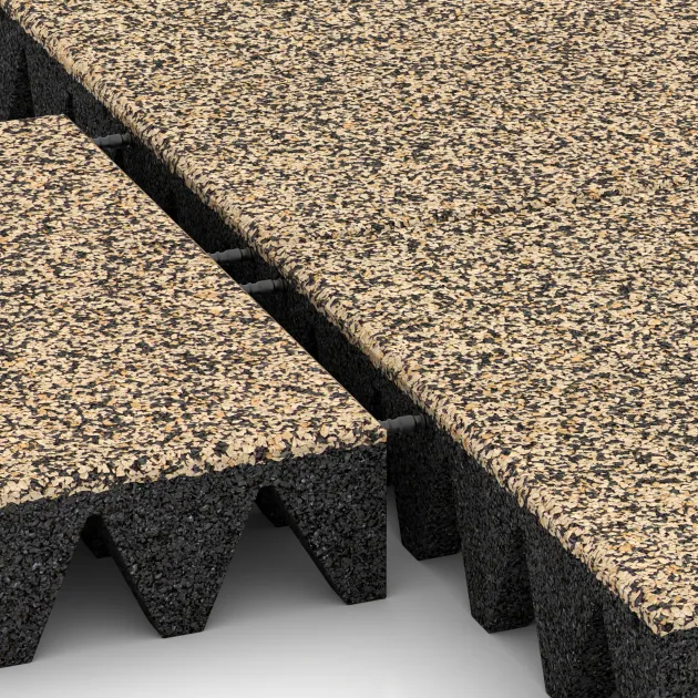 Großaufnahme vom Verbindungssystem von WARCO-Boden 3699 - Gumová dopadová dlaždice na dětské hřiště im Farbdesign Travertin. Abmessungen 500 x 500 x 100 mm.
