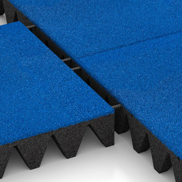 Großaufnahme vom Verbindungssystem von WARCO-Boden 0733 - Gumová dopadová dlaždice na dětské hřiště im Farbdesign Genciánová modř. Abmessungen 500 x 500 x 100 mm.