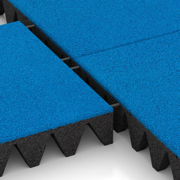 Großaufnahme vom Verbindungssystem von WARCO-Boden 5632 - Bezpečnostní dlaždice na dětské hřiště 10 cm - EN 1177 ≤ 300 cm im Farbdesign Nebe modrá. Abmessungen 500 x 500 x 100 mm.
