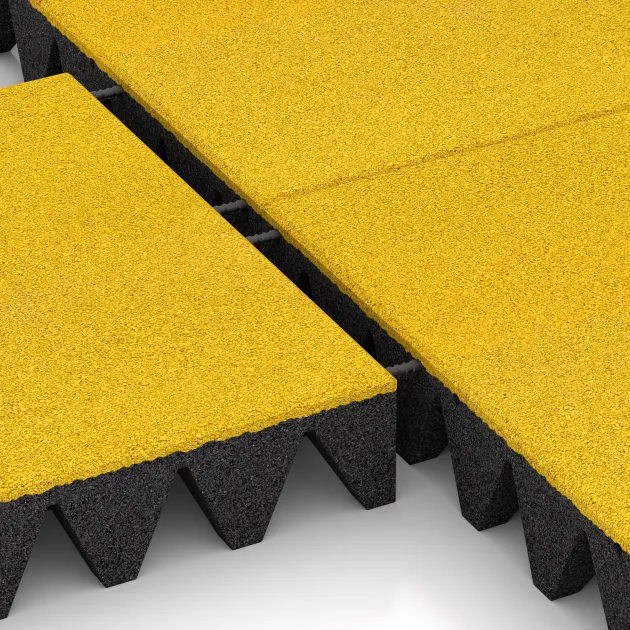 Großaufnahme vom Verbindungssystem von WARCO-Boden 0740 - Gumová dopadová dlaždice na dětské hřiště im Farbdesign Citronová žlutá. Abmessungen 500 x 500 x 100 mm.
