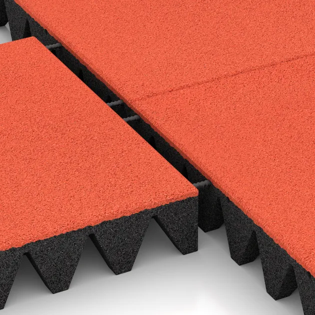 Großaufnahme vom Verbindungssystem von WARCO-Boden 0742 - Gumová dopadová dlaždice na dětské hřiště im Farbdesign Světle červenooranžová. Abmessungen 500 x 500 x 100 mm.