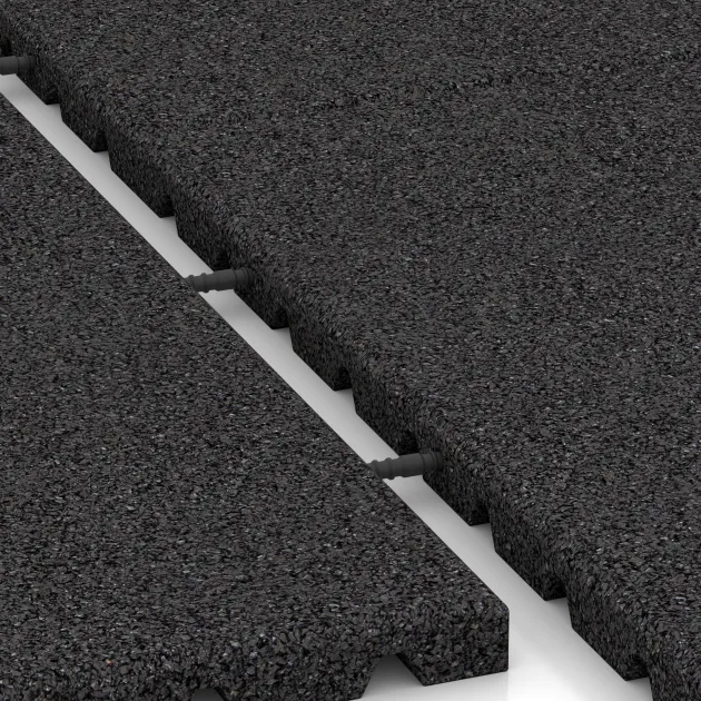 Großaufnahme vom Verbindungssystem von WARCO-Boden 0750 - Step protection mat horsebox im Farbdesign Antracit. Abmessungen 1000 x 1000 x 30 mm.