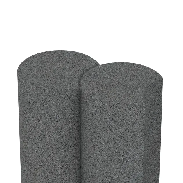 Großaufnahme vom Verbindungssystem von WARCO-Boden 2553 - Rubber granulate palisade im Farbdesign Šedá břidlice. Abmessungen ø 250 x 400 mm.