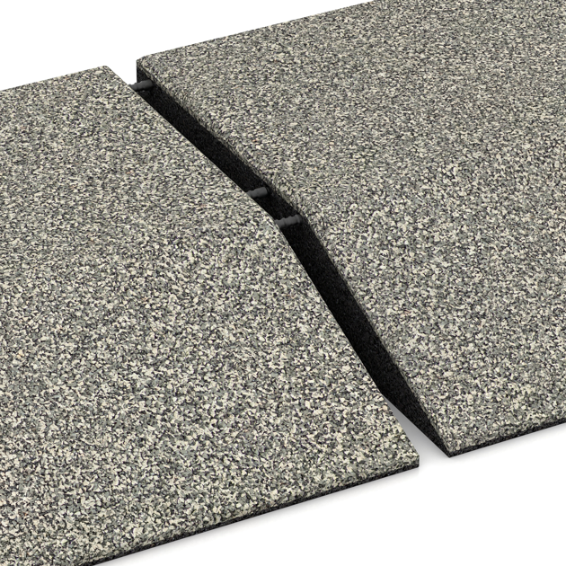 Großaufnahme vom Verbindungssystem von WARCO-Boden 3830 - Corner tile (two chamfered sides) im Farbdesign Světlý granit. Abmessungen 500 x 500 x 100 mm.