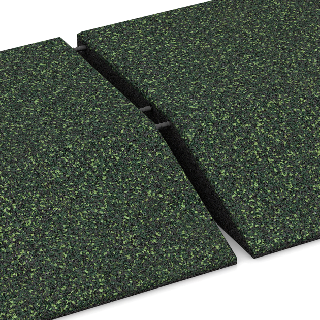 Großaufnahme vom Verbindungssystem von WARCO-Boden 3832 - Corner tile (two chamfered sides) im Farbdesign Anglický trávník. Abmessungen 500 x 500 x 100 mm.