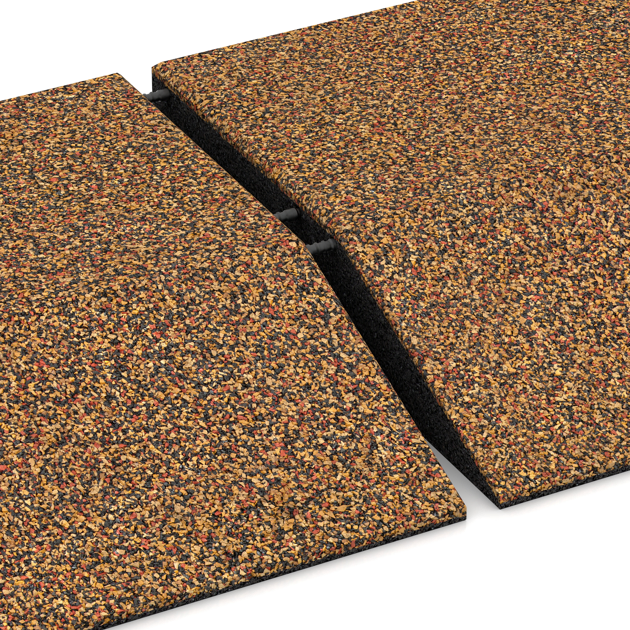 Großaufnahme vom Verbindungssystem von WARCO-Boden 3826 - Corner tile (two chamfered sides) im Farbdesign Terra Cotta. Abmessungen 500 x 500 x 100 mm.