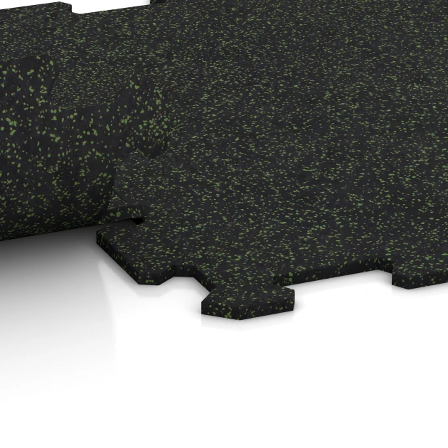 Großaufnahme vom Verbindungssystem von WARCO-Boden 0921 - Sportovní podlaha Kompakt im Farbdesign Lehký zelený posypaný. Abmessungen 485 x 485 x 8 mm | 0,235 m².