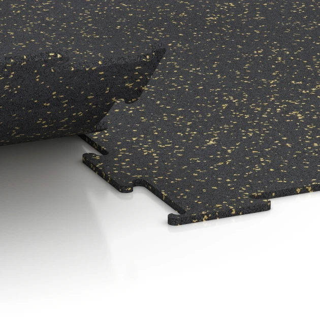 Großaufnahme vom Verbindungssystem von WARCO-Boden 6454 - Sportovní podlaha Kompakt im Farbdesign Lehce žlutě posypaná. Abmessungen 100 × 100 × 0,8 cm.